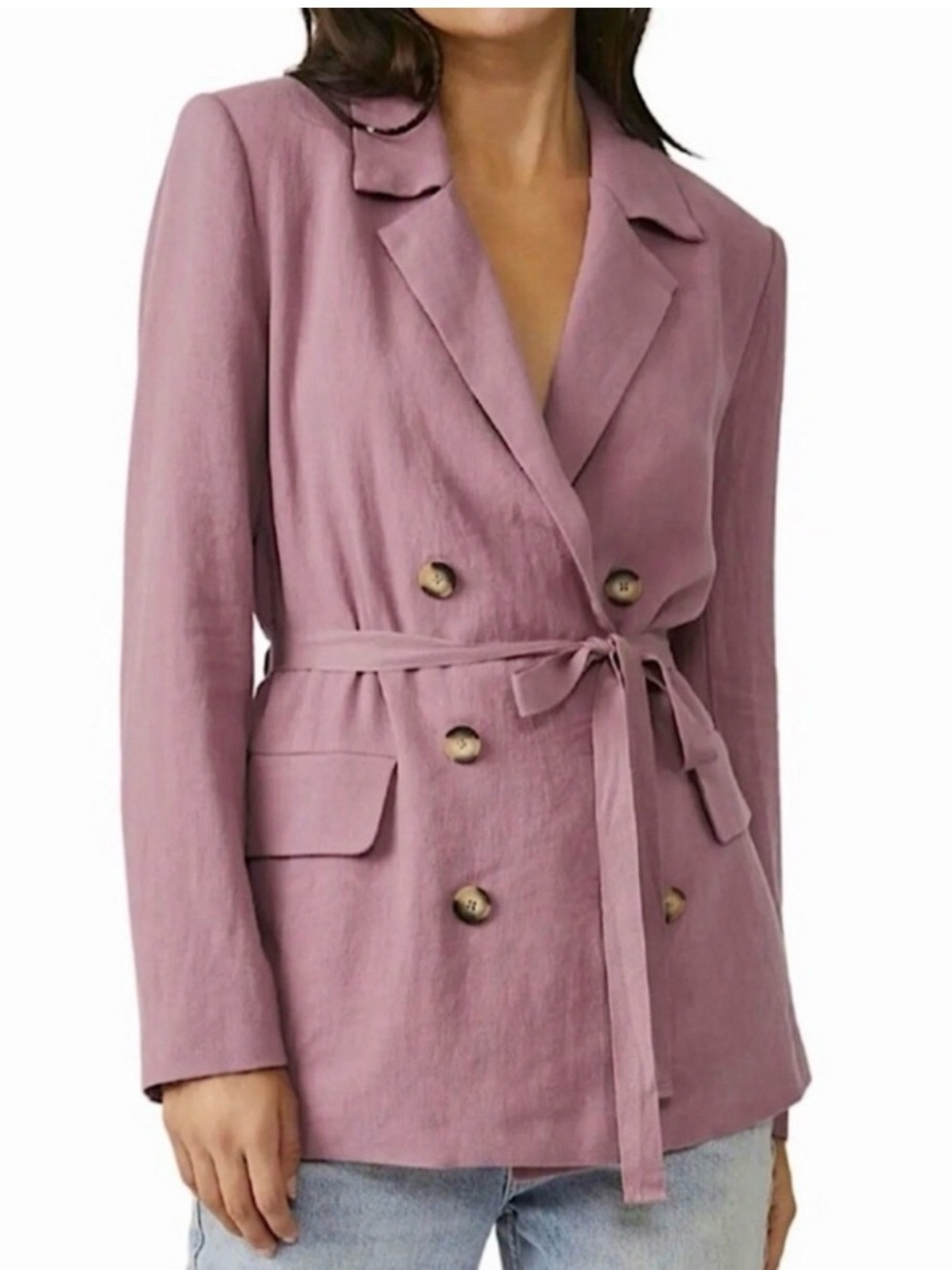 Free People Mauve Double-Breasted Belted Blazer